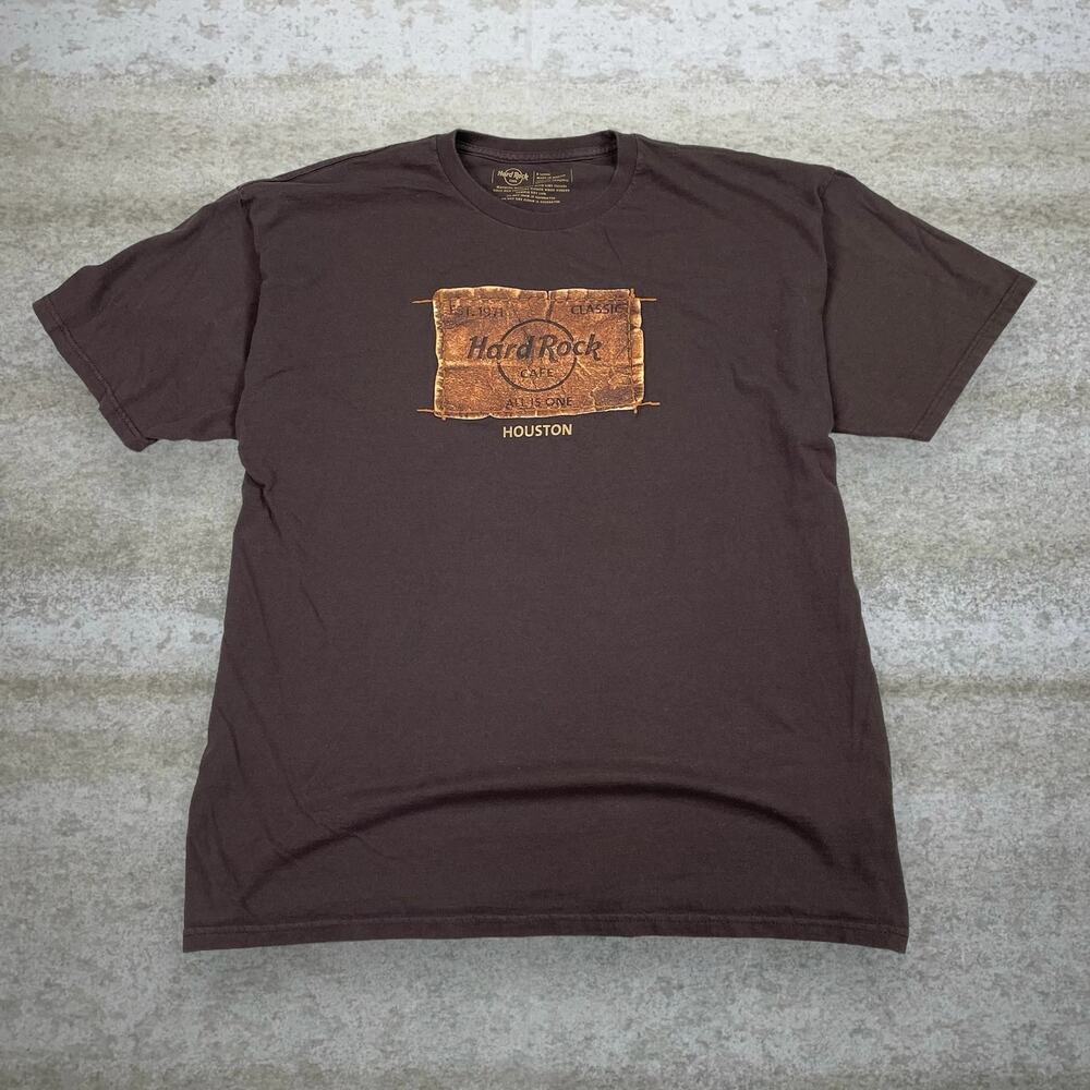 Vintage Y2K Hard Rock Cafe Shirt Mens XL Mocha Brown Houston Cotton Short Sleeve